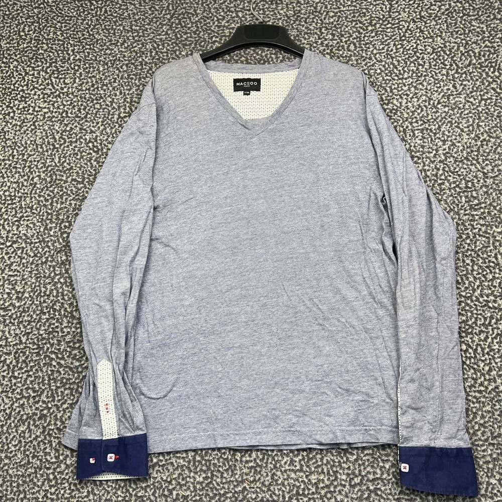 Maceoo Paris Shirt Men 7/3XL Blue V-Neck Long Sleeve Polka Dot Trim Cotton